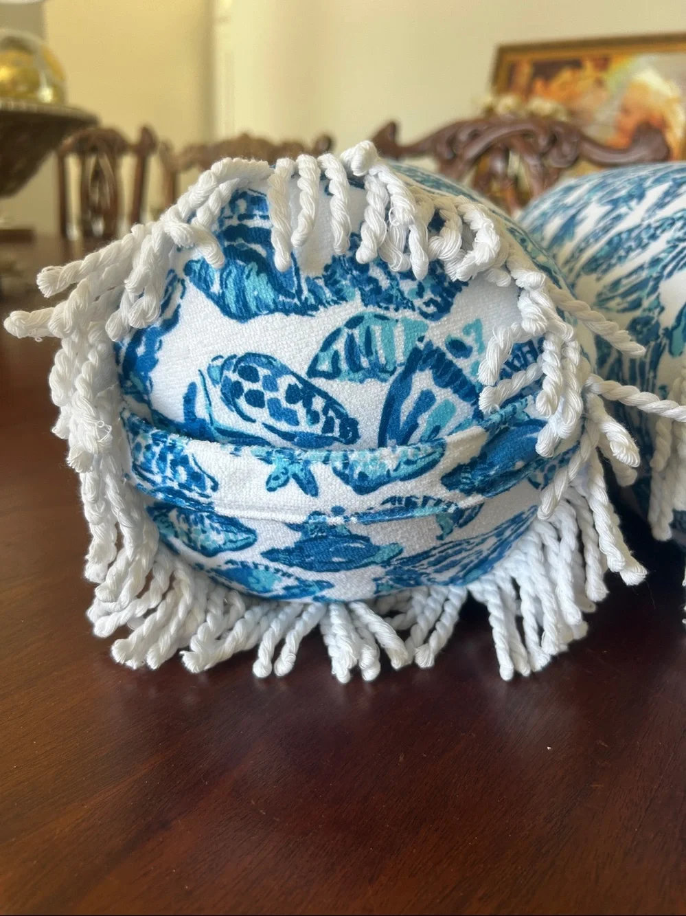 Lilly Pulitzer Blue Coastal Seashell Bolster Pillow Set of 2 Rope Fringe